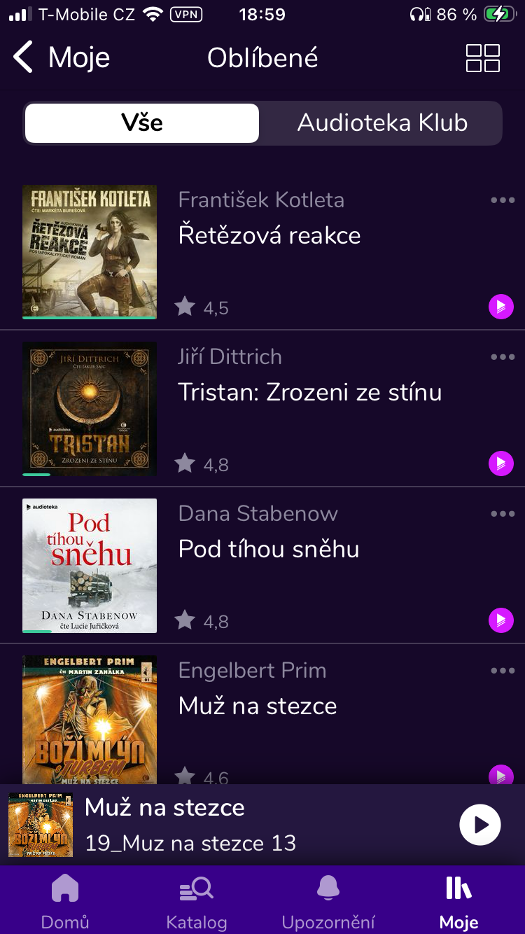 Audioteka favorites: flat list with cover, title, and rating